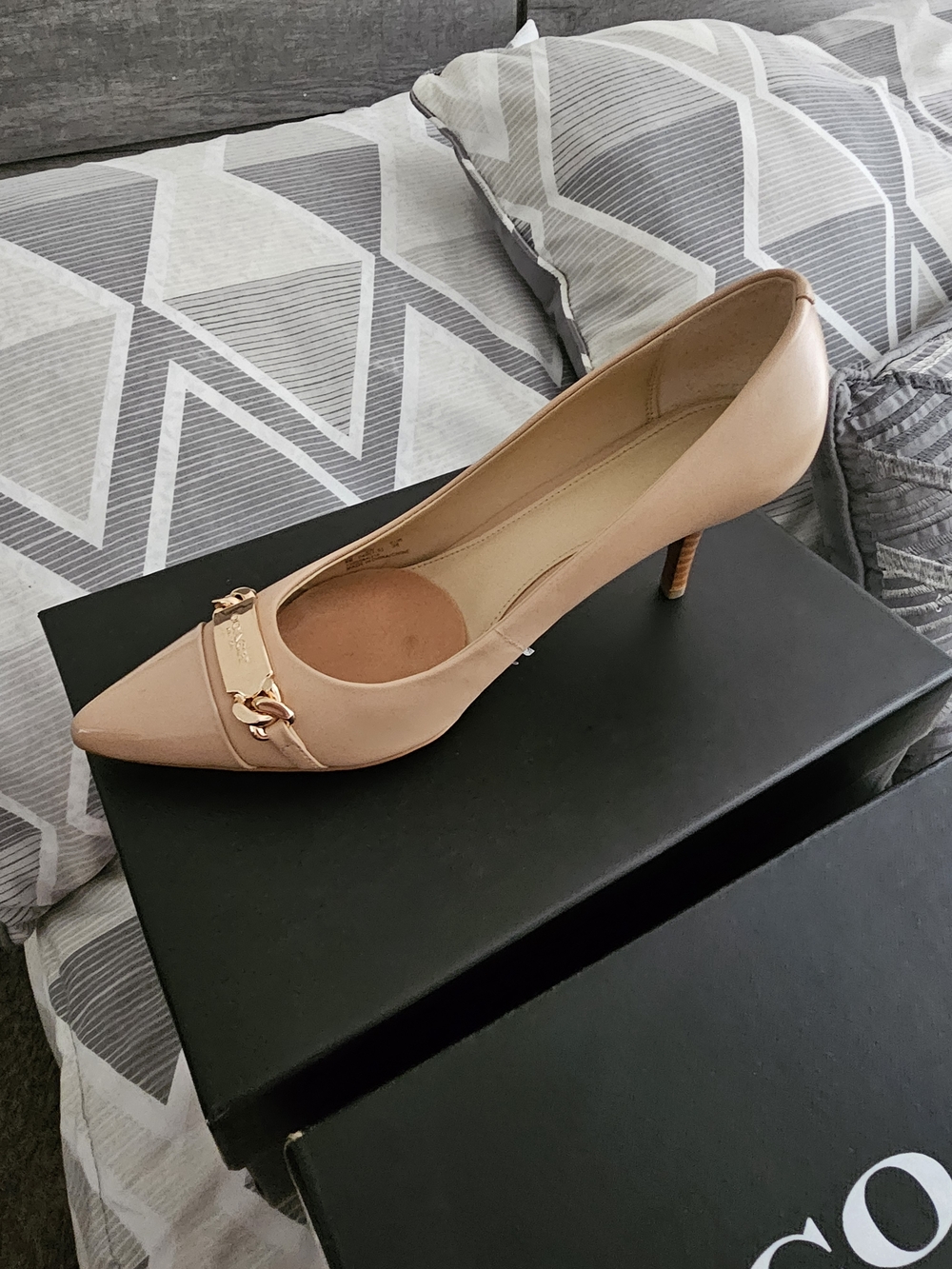 Coach Blush Nude Pointed-Toe Kitten Heel Pump with Gold Hardware